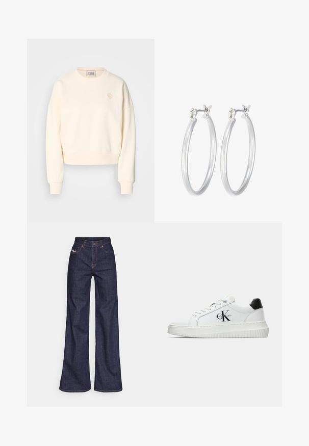 Cremfarbener, kürzer geschnittener Sweatshirt mit rundem Ausschnitt, gerippten Bündchen und einem dezenten gestickten Logo auf der Brust. Weiches Textilmaterial.; Dunkelblaue weite Jeans aus Denimstoff mit hoher Taille, ausgestattet mit orangefarbenen Nähten, fünf Taschen und einem Knopfverschluss.; Weiße Low-Top-Sneaker mit schwarzem Fersenpatch, Plateau-Sohle, Schnürsenkeln und Calvin Klein "CK"-Logo an der Seite.; Silberne Creolen mit einer glatten, polierten Oberfläche. Runder Form und sicherem Klickverschluss. Leichtes Design, geeignet für den täglichen Gebrauch.