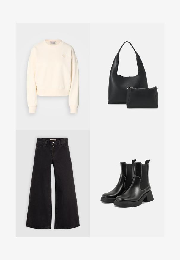 Krémově zbarvený zkrácený svetr s kulatým výstřihem, žebrovanými manžetami a decentním vyšitým logem na prsou. Měkká textilie.; Džíny s širokými nohavicemi v černém denimovém provedení se zipem vpředu, pěti kapsami a jemnými švy. Hladká textura a ležérní styl.; Černé kožené chelsea boty s masivním podpatkem, elastickými bočními panely a kontrastním bílým prošitím. Texturovaný povrch.; Even&Odd SET - Kabelka - black