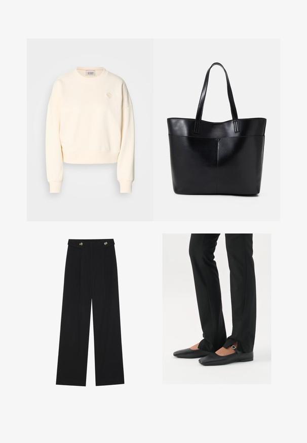 Kremno obarvana skrajšana sweatshirt z okroglim izrezom, rebrastimi manšetami in subtilnim vezenim logotom na prsih. Mehka tekstura tkanine.; Črne široke hlače s visokim pasom, gumbnimi detajli na pasu in sprednjimi gubami.; Črne usnjene balerinke s koničastim nosom, trak z srebrno zaponko, v kombinaciji s črnimi elegantnimi hlačami z razporkom na robu.; Črna usnjena torba z dvema dolgima ročajema, gladko teksturo in strukturirano obliko. Ima sprednji žep za dodatno shranjevanje.; Srebrni obroči za ušesa z gladko, polirano površino. Okrogla oblika in varna zaponka s klikom. Lahka zasnova, primerna za vsakodnevno nošenje.