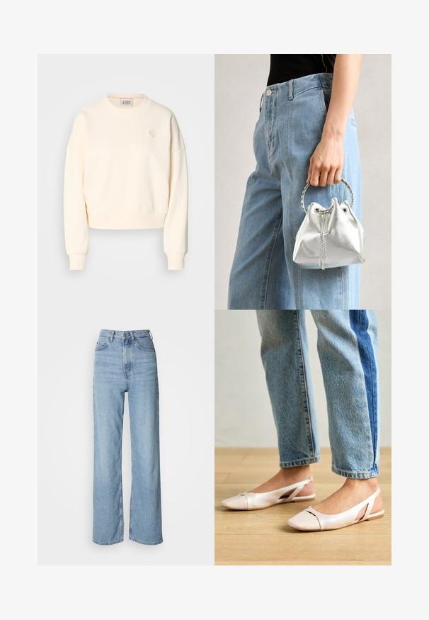 Kreemikaalune lühikeste varrukatega dressipluus ümarate krae ja soonikute sünteet ikka. Pehme tekstuuriga kude.; Heledad sinise värvi kõrge vöökoht, sirge säärega teksad, valmistatud denimist, esipoolne nööpkinni ja kerged pleekimise detailid.; Kahvatu roosa slingback lapikute jalatsite paar, millel on terav varvas, valmistatud siledast nahataolisest materjalist. Omab külgedel lõikekohti ja lapikut kontsa.; Metallik hõbedane ämbritask, millel on tekstuurne viimistlus, kaunistatud hõbeda ümmarguse käepideme ja tõmbluku sulgemisega, hoituna helesiniste teksade vastu.; Hõbedane kahekordne rõngas sujuva, poleeritud pinnaga. Omab voolavat, kõverat disaini, millel on kattuvad sektsioonid, et saavutada kaasaegne ilme.