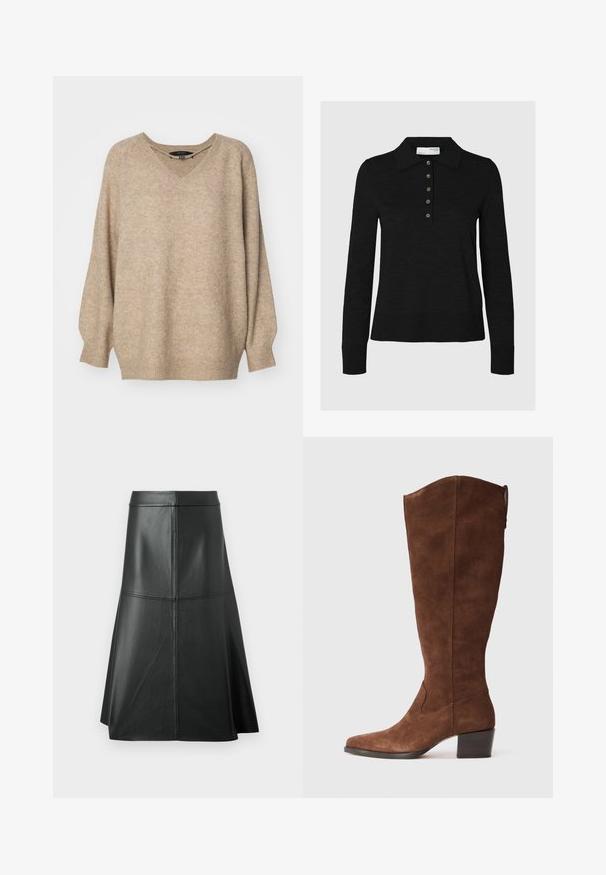 Bēšas krāsas pārmērīgi liels džemperis ar V-veida kakla izgriezumu, ar teksturētu audumu un ribotām piedurknēm. Kritušas pleca šuves nodrošina brīvu piegulšanu.; Melnas garās piedurknes polo krekls, kas izgatavots no mīkstas audi, ar apkakles dekoltē un sešu pogu slēgšanu. Malas ir akurāti apstrādātas.; Melnas ādas A-veida svārki, gluda tekstūra, vidus teļa garumā, ar horizontālām stūmēm jostā un vīlēs, lai piešķirtu papildus struktūru.; Brūni zamšādas ceļgalu augstumā zābaki ar smailu purngalu un sakrautu papēdi. Raksturīga gluda apdare un minimālas šuvju detaļas.