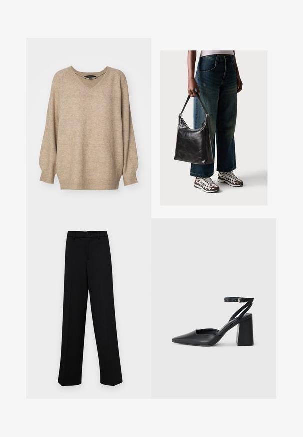 Pull oversized beige avec un décolleté en V, présentant un tissu texturé et des poignets côtelés. Manches tombantes pour une coupe décontractée.; Pantalons larges noirs en tissu lisse, avec une taille classique à fermeture à bouton et des plis sur le devant.; Escarpin noir en cuir à bout pointu avec une bride de cheville et un talon épais. Texture lisse, design élégant et esthétique minimaliste.; Sac à bandoulière en cuir noir avec une texture lisse et une bandoulière réglable, associé à un jean ample décoloré et des baskets de sport.