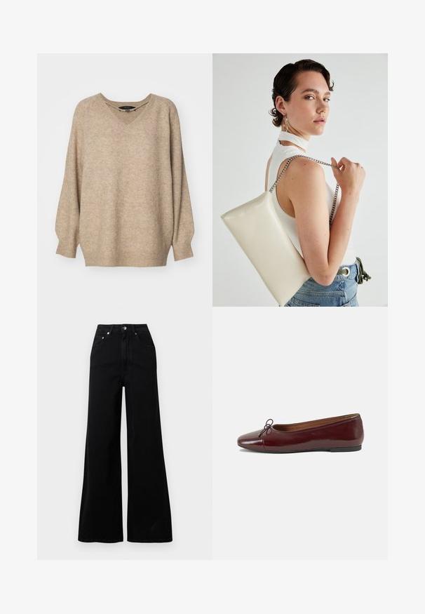 Pull oversized beige avec un décolleté en V, présentant un tissu texturé et des poignets côtelés. Manches tombantes pour une coupe décontractée.; Jeans larges noirs en denim, avec une taille haute, cinq poches, une fermeture à boutons sur le devant, et des détails de couture minimaux.; Ballerines en cuir verni bordeaux avec un bout rond, un petit nœud décoratif à l'avant et une semelle en caoutchouc noire basse. Texture lisse.; Pochette rectangulaire blanche en matériau brillant, avec une bandoulière en chaîne argentée. Le modèle pose en mettant en valeur le sac contre un fond uni.
