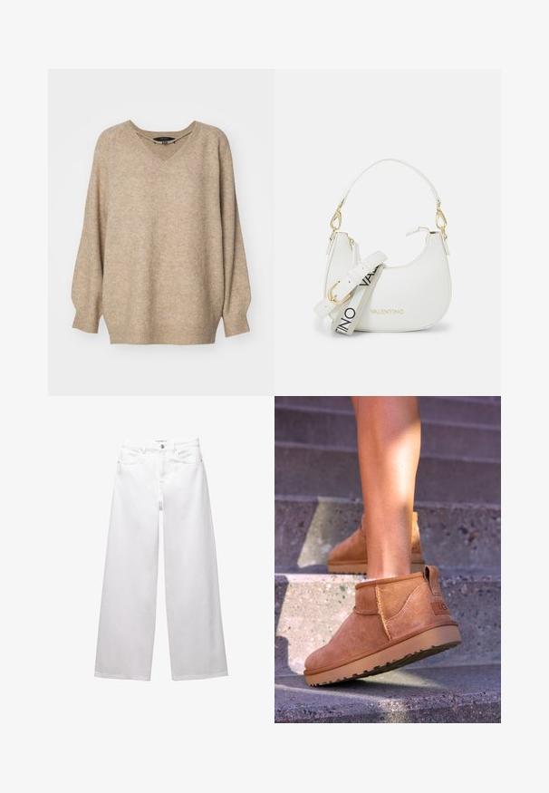 Bež veliki pulover s V-izrezom, s teksturiranim materijalom i rebrastim manžetama. Spušteni uglovi ramena za opušteni izgled.; Bijele traperice širokih nogavica izrađene od denima. Imaju kopčanje na dugme, prednje i stražnje džepove, te šavove. Glatka tekstura s minimalističkim detaljima.; Smešane čizme od tan velura s mekim tekstilom, sa šavnim detaljima i gumenim đonom, te petom s petljom za lako obuvanje.; Bijela torba s zakrivljenim siluetom, teksturirana koža, zlatni hardver i izmjenjiva traka s detaljima logotipa i kopčom.