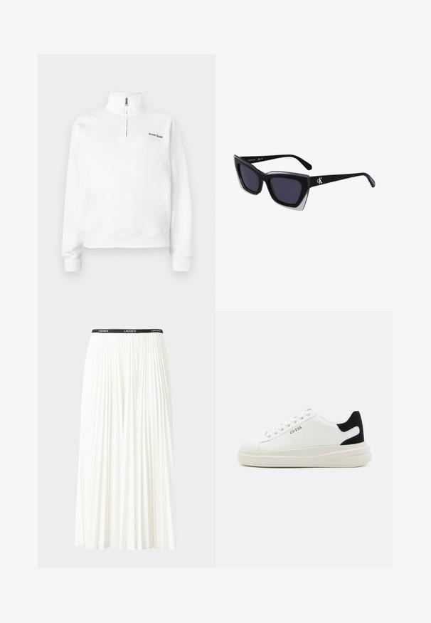 Felpa bianca con colletto alto e chiusura a mezza zip. Presenta un piccolo logo nero sul petto e polsini a coste. Texture liscia.; Gonna bianca plissettata con elastico nero in vita che presenta il logo "LACOSTE". Design di lunghezza media con texture morbida.; Sneaker bianchi in pelle con suola spessa bianca, accento in suede nero sul tallone e logo impresso sul lato. Design con lacci e sei fori per i lacci.; Occhiali da sole oversize neri dalla forma geometrica, con lenti scure e un dettaglio grigio a contrasto sulla montatura. Logo sul braccio.