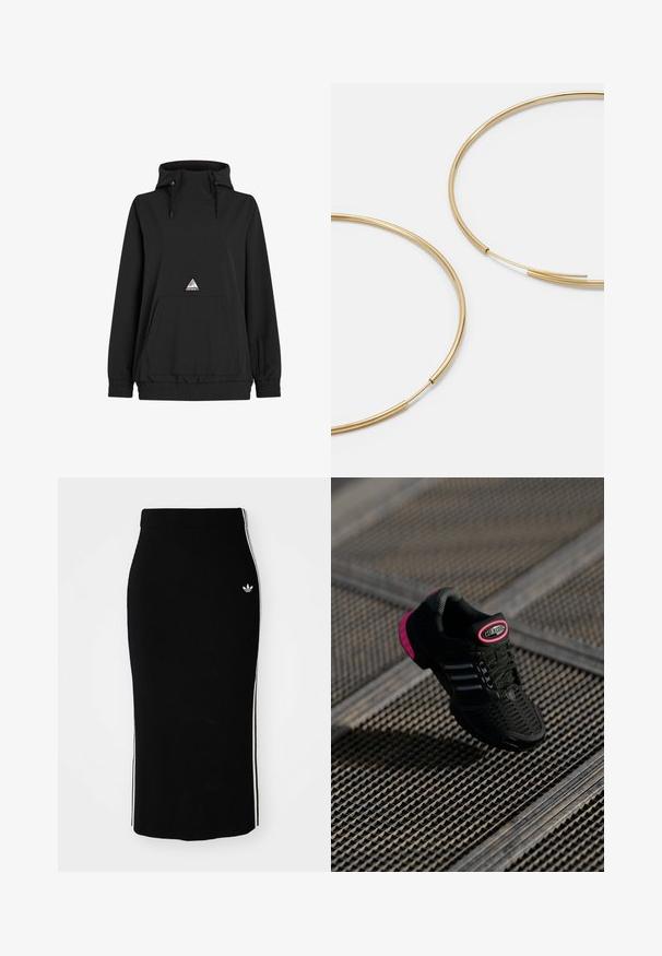 Czarny sweter z kapturem o wysokim kołnierzu, z regulowanym sznurkiem, przednią kieszenią, elastycznym dołem i trójkątną łatą z logo. Miękka, gładka faktura materiału.; Czarna prążkowana spódnica midi o dopasowanym fasonie, z białymi paskami po bokach i małym białym emblematem z lewej strony.; Czarne buty sportowe z siateczkową cholewką, różowymi akcentami i czarnymi paskami. Posiadają teksturowaną podeszwę oraz logo na pięcie.; Złote kolczyki w kształcie cienkich okrągłych obręczy, o gładkim metalicznym wykończeniu, bez zdobień czy wzorów.