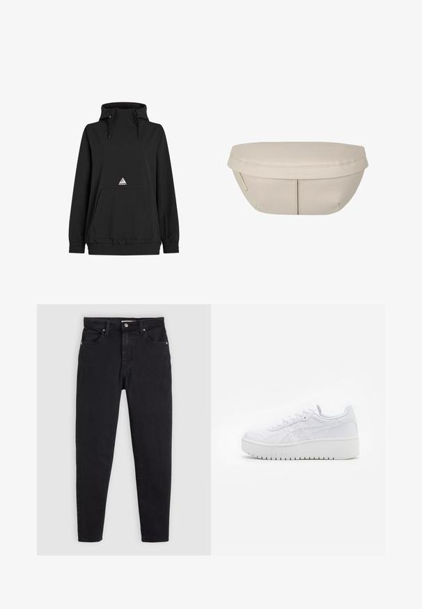 Černý pulovrový mikina s vysokým límcem, šňůrkou, přední kapsou, elastickým zakončením a trojúhelníkovou nášivkou s logem. Měkká, hladká textilie.; Bílý bavlněný tričko s krátkým rukávem a kulatým výstřihem. Na levé straně hrudníku je malé červené logo Levi's.; Černé slim-fit džíny s knoflíkovým a zipovým zapínáním, pěticípým designem a poutky na opasek na světle šedém pozadí.; Bílé platformové tenisky s hladkým koženým povrchem, perforovanými detaily a plochými tkaničkami; mají silnou bílou gumovou podrážku.; Beige textilní taštička s kulatým tvarem, která má plochý vršek a jemné švy. Obsahuje minimalistické logo a boční popruh.