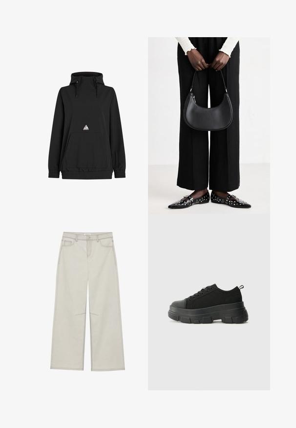 Sweat à capuche noir avec un col haut, cordon de serrage, poche avant, ourlet élastique et un patch en forme de triangle. Tissu doux et lisse.; Pantalons larges gris clair avec cinq poches, fermeture à bouton à l'avant et surpiqûres en contraste le long des coutures. Le tissu semble doux et durable.; Baskets noires avec une semelle en caoutchouc épaisse, un dessus en tissu texturé, un bout rond et un design à lacets. Présente des œillets renforcés et une languette à l'arrière.; Sac à main en cuir noir avec une forme arrondie, finition brillante et quincaillerie en argent. Personne portant un pantalon large noir et des mocassins cloutés.