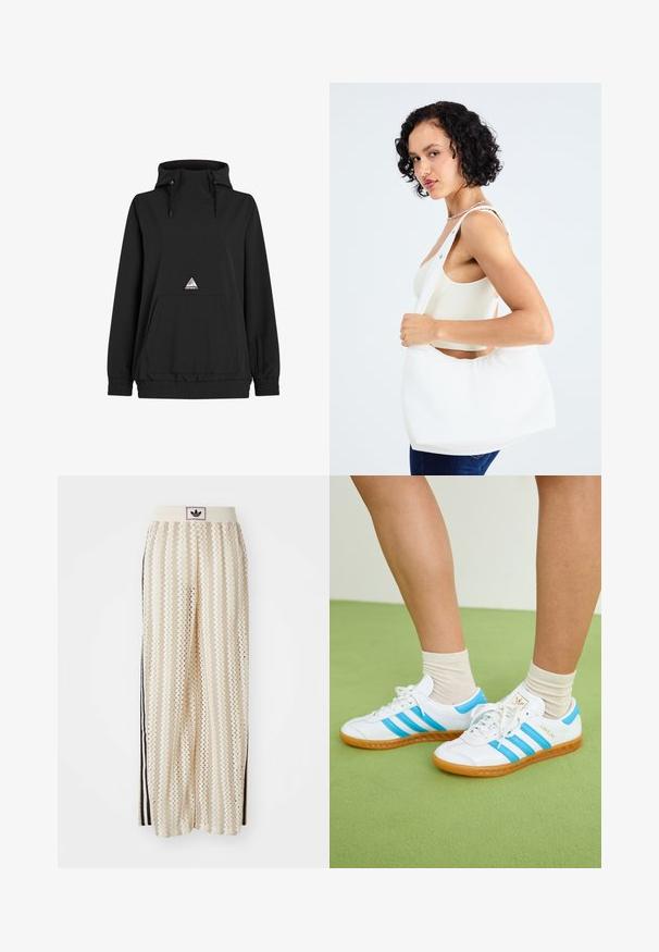Sweat à capuche noir avec un col haut, cordon de serrage, poche avant, ourlet élastique et un patch en forme de triangle. Tissu doux et lisse.; Pantalons larges crème avec un motif en zigzag, dotés d'une ceinture logo noire et de bandes noires sur les côtés. Tissu léger et texturé.; Baskets blanches avec des rayures bleu clair, semelle en caoutchouc et design à lacets. Présente un marquage doré et une texture lisse semblable à du cuir.; Sac à épaule blanc en matériau lisse, doté d'une découpe ovale et d'une large sangle. Simple et moderne, sans quincaillerie visible.