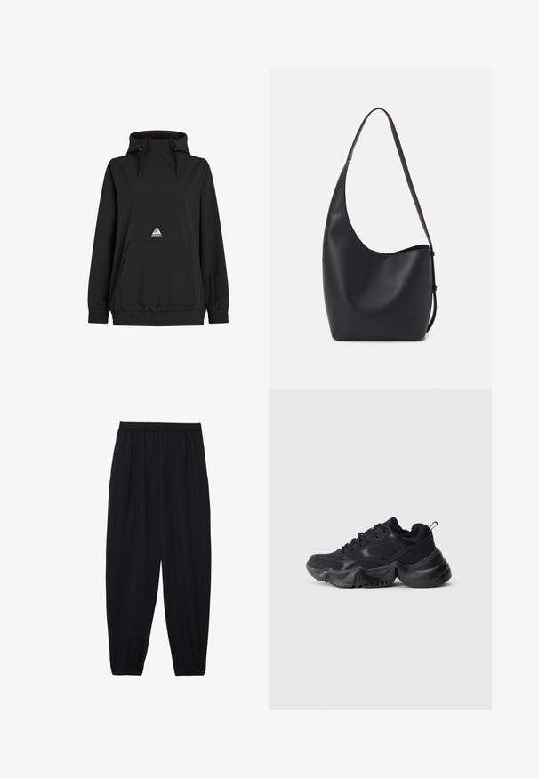 Black pullover hoodie with a high collar, drawstring, front pocket, elastic hem, and a triangular logo patch. Soft, smooth fabric texture.; Black, lightweight pants with an elastic waistband and gathered ankles. The fabric is smooth and features a relaxed, tapered design.; Black sneakers with a mix of smooth and textured materials, thick soles, rounded shape, and decorative stitching. Features a soft, plush cuff.; Black leather hobo bag with a smooth texture, curved shape, and single adjustable strap; features a wide opening at the top.