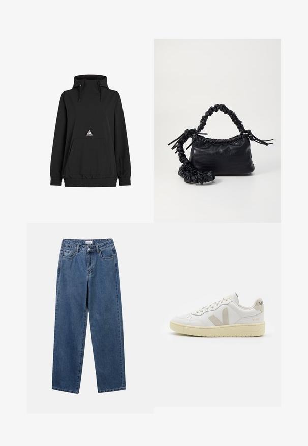 Schwarzer Kapuzenpullover mit hohem Kragen, Kordelzug, Fronttasche, elastischem Saum und einem dreieckigen Logopatch. Weicher, glatter Stoff.; Klassische blaue Denim-Jeans mit geradem Bein, fünf Taschen und Knopfverschluss. Sie verfügen über eine mittelblau gewaschene Optik und sind aus robuster Textur.; Weiße Ledersneaker mit beigen Wildlederakzenten, perforierte Zehenbox, flache Schnürsenkel und eine strukturierte cremefarbene Sohle. Mit dezentem Branding an der Ferse.; Schwarze Handtasche aus Kunstleder mit Krokodilstruktur, gerafftem oberen Teil und einem geschoppten Tragegurt. Sie wirkt weich und kompakt im Design.