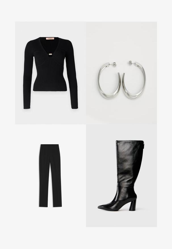 Schwarzes, geripptes Langarmtop mit tiefem V-Ausschnitt und einem goldfarbenen Verschluss auf der Brust. Figurbetonte Silhouette, strukturierter Stoff mit vertikalen Linien.; Schwarze maßgeschneiderte Hose mit geradem Bein, ausgestattet mit Fronttaschen und einem glatten, strukturierten Stoff. Saubere, minimale Details.; Knöchelhohe schwarze Lederstiefel mit einer spitzen Zehe, glatter Oberfläche und einem klobigen Absatz. Verfügt über einen Reißverschluss hinten.; Silberne Creolen mit einem glatten, geschwungenen Design. Mit einem glänzenden metallischen Finish und Steckverschluss. Keine sichtbaren Muster oder Akzente.