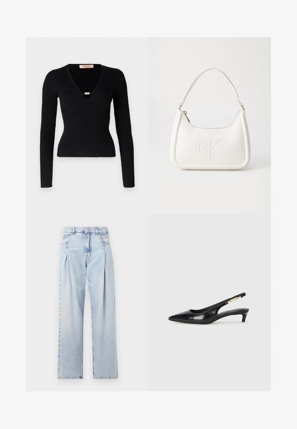 Must mustriba mustsärk, millel on sügav V-kaelus ja kuldse tooni pandla detaile rinna piirkonnas. Kehasse liibuv siluett, tekstureeritud kangas vertikaalsete joontega.; Heledad sinise denimist valmistatud teksapüksid kõrge vöökohaga, laia jala lõikega, kahe külje taskuga ja pleedi disainiga. Pehme tekstuur ja pleekinud viimistlus.; Mustad nahast slingback kontsad terava ninaga, millel on õhuke konts ja kuldse tooni aktsent reguleeritaval rihmal. Sile tekstuur.; Valge nahast käekott, millel on kumer kuju, esiküljel on reljeefne "CK" logo ja üks õlavarre rihm. Ülemine tõmblukkuu.