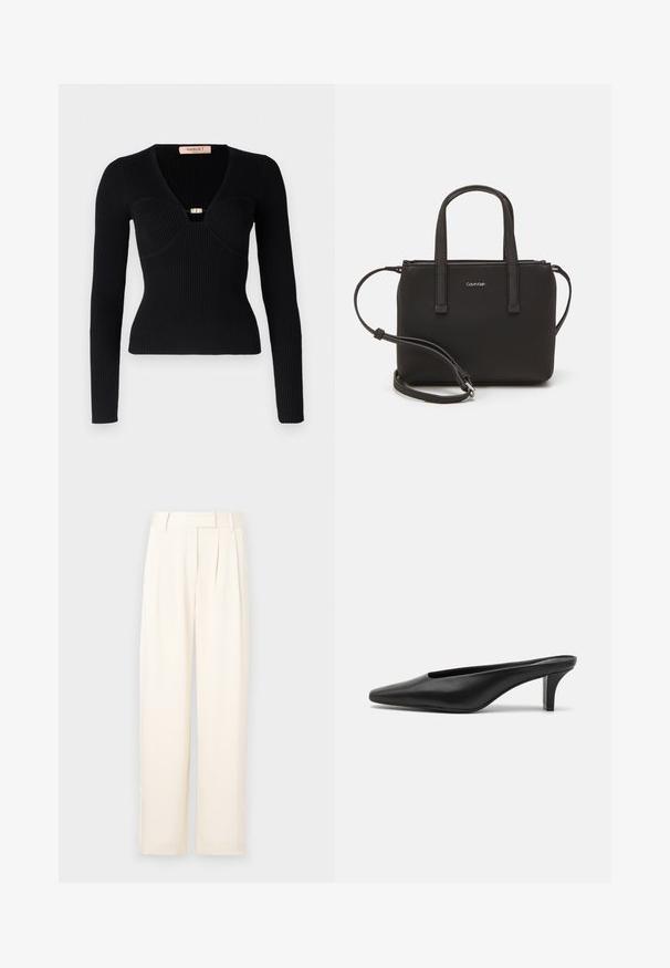 Schwarzes, geripptes Langarmtop mit tiefem V-Ausschnitt und einem goldfarbenen Verschluss auf der Brust. Figurbetonte Silhouette, strukturierter Stoff mit vertikalen Linien.; Helle beige weite Beinkleider mit glatter Textur, die vorn Falten und einen flachen Bund aufweisen. Keine sichtbaren Verschlüsse oder Taschen.; Schwarze Leder-Pantoletten mit spitzer Zehenform und niedrigem Stiletto-Absatz. Glatte Textur, minimalistisches Design und offener Rücken für einfachen Einstieg.; Schwarze Handtasche mit zwei kurzen, doppelt geflochtenen Griffen und einem abnehmbaren Schulterriemen. Glattes, lederähnliches Material mit einem Reißverschluss und Logodetail.