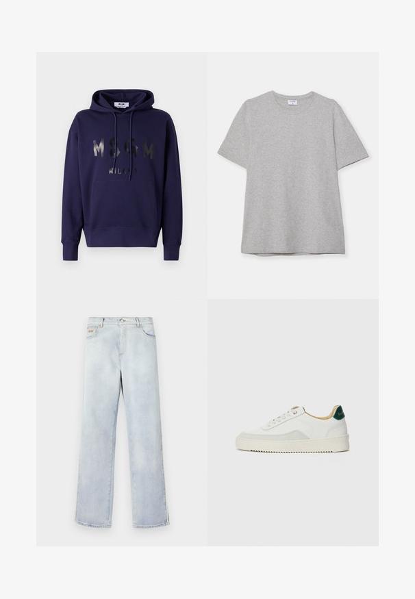 Navy hoodie made of cotton blend, featuring a front kangaroo pocket, drawstrings, and reflective logo print "MSGM MILANO" on the chest.; Gray short-sleeve T-shirt made from soft, textured fabric. Features a classic crew neck and a straight hem, suitable for casual wear.; Light blue denim jeans with a straight leg design, featuring a button closure, five pockets, and contrast stitching.; White sneaker with suede accents, rounded toe, flat laces, and a cream rubber sole. Features green branding on the heel.
