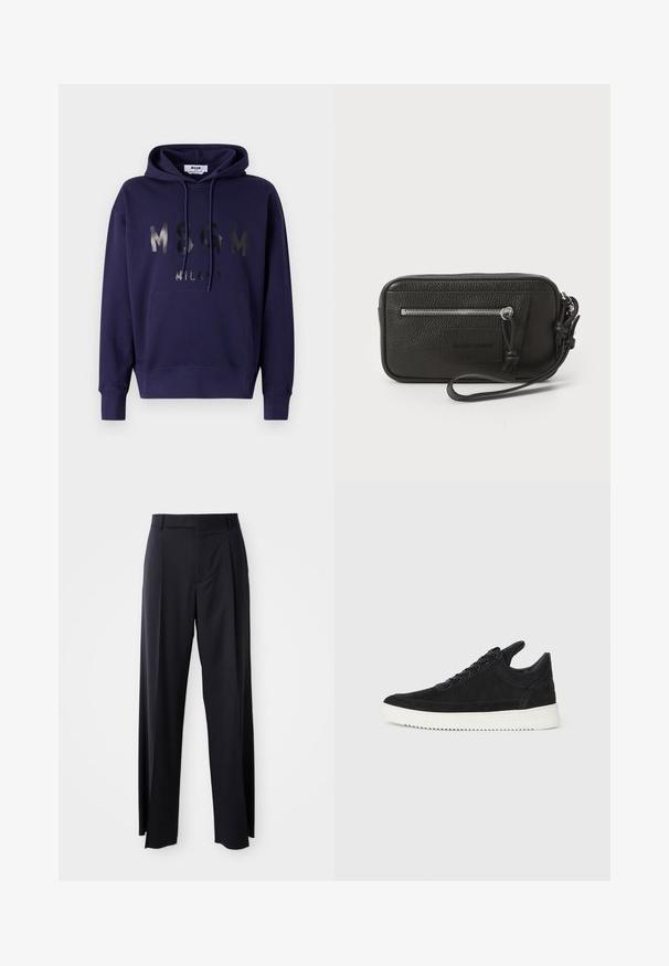 Marineblaues Hoodie aus Baumwollmischung, ausgestattet mit einer frontalen Kängurutasche, Kordelzügen und einem reflektierenden Aufdruck "MSGM MILANO" auf der Brust.; Schwarze, hoch taillierte Hose mit weitem Bein, aus glattem Stoff. Verfügt über vorne gelegte Falten und Gürtelschlaufen. Minimalistisches Design, ohne sichtbare Beschläge.; Schwarze Wildleder-Sneaker mit einer weißen Gummisohle, die sich durch elegante Nähte und ein schnürbares Design auszeichnen. Glatte Textur mit einer modernen, stromlinienförmigen Form.; Schwarze Leder-Clutch mit strukturiertem Oberflächen, Vorderseite mit Reißverschlusstasche und abnehmbarem Handgelenkriemen. Fällt durch ein Logo-Patch auf der Vorderseite auf. Rechteckige Form.