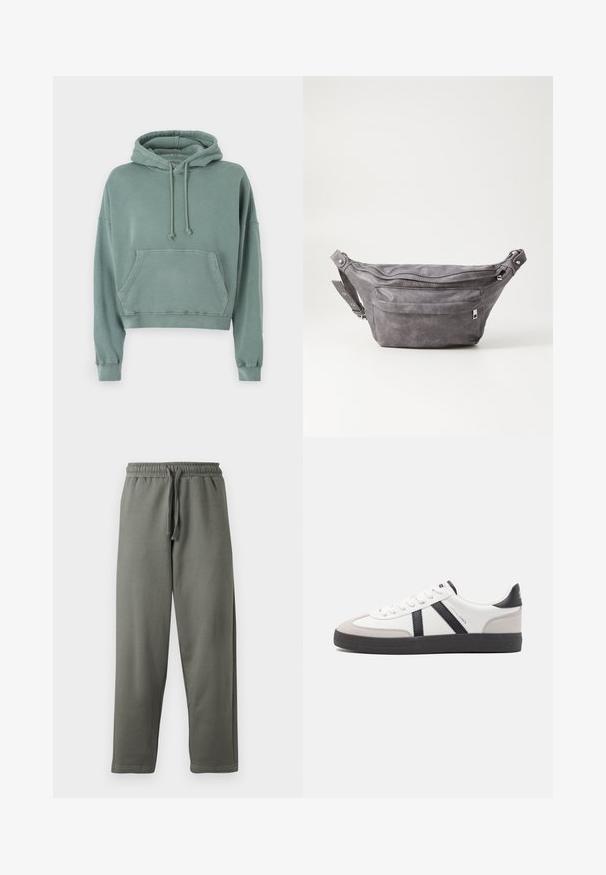 Felpa cropped verde menta realizzata in tessuto morbido, con tasca frontale, cappuccio con cordino e polsini a costine, in una vestibilità comoda.; Pantaloni della tuta grigi in morbido tessuto con vita elasticizzata e coulisse; presentano un taglio dritto e dettagli di cucitura minimi.; Sneaker bianco con accenti neri e grigi, dotata di una punta grigia testurizzata, suola in gomma nera e lacci bianchi piatti. Design pulito, stile minimalista.; Fanny pack in suede grigio con forma arrotondata, due scomparti con cerniera e tracolla regolabile. Presenta dettagli in metallo.