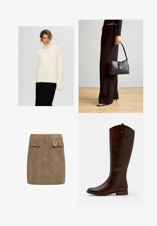 Sweter golf o kolorze kremowym, o puszystej fakturze, z prążkowanym dołem i mankietami oraz kontrastowym dolnym pasem w jaśniejszym odcieniu.; Brązowa zamszowa mini spódnica o gładkiej fakturze, z dwiema przednimi kieszeniami na klapki oraz zapięciem na guziki po obu stronach. Prosty, prosty krój.; Brązowe botki za kolano wykonane z gładkiej skóry, z zaokrąglonym noskiem, niskim, klejonym obcasem oraz subtelnym wzorem przeszyć po bokach.; Czarna torebka o usztywnionym kształcie, gładkiej fakturze i metalowym zapięciem. Połączona z szerokimi czarnymi spodniami i sandałami na otwartym palcu na drewnianej podłodze.