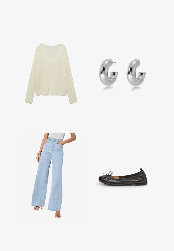 Kremowy sweter dzianinowy z dekoltem w serek, długimi rękawami i luźnym krojem. Posiada teksturowany wzór oraz ściągacze przy rękawach i dole.; Jasnoniebieskie szerokie dżinsy z wysokim stanem, przednimi kieszeniami i detalami w postaci środkowego szwu; wykonane z denimu o miękkiej fakturze.; Czarne skórzane baletki z okrągłym noskiem, szczupłym kokardkowym detalem z przodu i elastycznym wykończeniem dla pewnego dopasowania. Płaska podeszwa dla wygody.; Srebrne, wypolerowane metalowe kolczyki w kształcie obręczy o gładkiej, zaokrąglonej formie z otwartą szczeliną z przodu. Posiadają zapięcie na szpilkę, co zapewnia bezpieczeństwo noszenia.