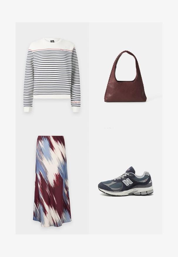 Vit och marinblå randig sweatshirt med röd brodering som säger "Lycka". Har rund halsringning och ribbade muddar. Mjuk bomullsmaterial.; Lång kjol med ett diagonalt tie-dye-mönster i burgundy, blått och krämfärgat, tillverkad av mjukt material med en flödande siluett och lätt glans.; New Balance-sneakers med överdel i marinblått mesh och mocka, grå accenter, vit logotyp, dämpad sula och texturerad detalj.; Burgunderfärgad läderhandväska med triangulär form, öppen topp och flätad detalj längs handtaget. Slät textur med matt finish.