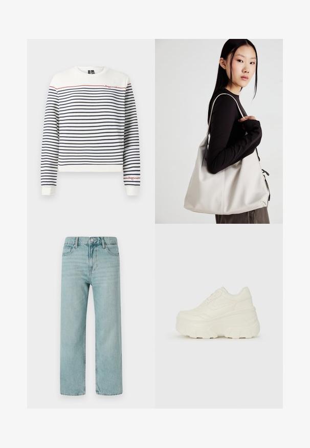 Sweatshirt rayé blanc et marine avec une broderie rouge portant le mot "Happiness". Doté d'un col rond et de poignets côtelés. Fabriqué en doux coton.; Jeans bleu clair à jambes larges en denim, avec un design classique à cinq poches, des lignes épurées et une taille régulière avec fermeture par bouton.; Baskets plateformes blanches avec une tige en simili cuir lisse, une forme arrondie, un col rembourré et une semelle en caoutchouc texturé avec des crampons définis.; Sac à main beige en matériau souple, avec un design décontracté, des détails cousus et deux poignées. Idéal pour un usage quotidien.