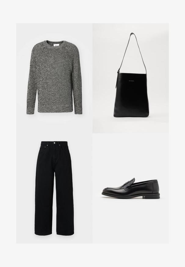 Pilkas megztinis su apvalia iškirpte ir ilgomis rankovėmis. Audinys su tekstūruotu raštu, pasižymintis laisvu siluetu ir gumuotais rankogaliais.; Juodos plačios kelnės iš medvilnės su aukštu liemeniu, priekinėmis kišenėmis, sidabriniu mygtuku ir švariu apdailos kraštu.; Juodos odinės loafers, turinčios lygų paviršių, apvalią noselę ir dekoratyvinę juostą per priekinę dalį. Žemas krentantis kulnas, minimalistinis dizainas.; Juodas odinis petinis krepšys su lygiu paviršiumi, stačiakampio formos ir ilga petine juosta; viduryje yra mažas baltas logotipas.