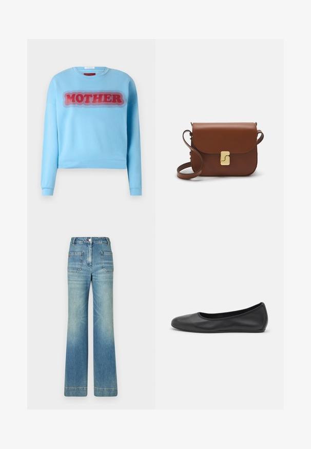 Mother THE DROP SQUARE - Bluză de molton - light blue; Tricou alb cu mânecă scurtă, confectionat dintr-un material texturat. Gât rotund, tăietură regulară și detalii subtile de cusătură. Fără modele sau grafice.; Jeans din denim albastru deschis, cu talie evazată, cinci buzunare, bucle pentru curea, închidere cu nasture și o textură ușor decolorată, având un detaliu cu logo roșu pe spate.; Balerini din piele neagră, cu vârf rotund, textură netedă, detalii de cusătură minimale și un design al tălpii flexibil.; Geantă de piele maro cu închidere tip capac, accesorii de culoare aurie, curea de umăr și o textură netedă. Formă compactă și rectangulară.