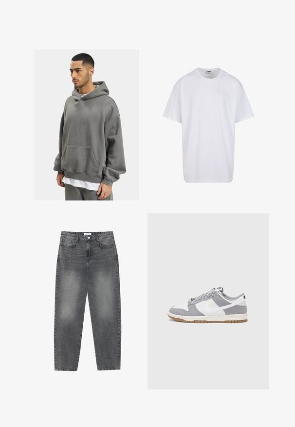 DEF HERREN - Kapuutsiga pusa - anthracite washed; Valge puuvillane t-särk lühikeste varrukatega, ümmarguse kaelusega, lõdva lõikega ja ilma nähtavate logodeta või mustriteta. Sile tekstuur ja minimaalne disain.; Kõrgema vöökohtadega, lõdva lõikega teksad, mis on valmistatud tuhmist mustast denimist. Selles on viis taskut, traksid ja puhas, sirge säärelõige.; Halli ja valge tennis鞋, millel on nubuk- ja nahkdetailid, ümar varvas, lamedad nöörid ning kummist tald, millel on kola aktsent.