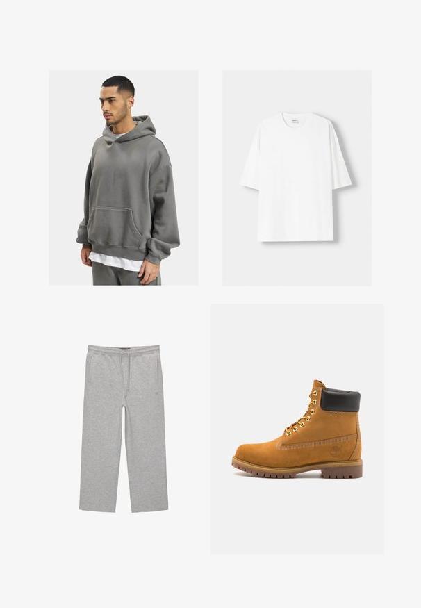 DEF HERREN - Majica s kapuljačom - anthracite washed; Bijela kratkodlana majica s kratkim rukavima, izrađena od pamuka, s okruglim izrezom i opuštenim krojem. Gladak materijal, bez vidljivih uzoraka ili akcenta.; Sive cotton hlače za opuštanje s elastičnim pojasom, vezicom i dva bočna džepa; ravni kroj, mekana tekstura, bez uzoraka.; Antracitne antilop čizme do gležnjeva s crnim podstavljenim ovratnikom, zlatnim metalnim rupicama, bijelim šavovima i robusnom gumenom potplatom s izraženim šarama.