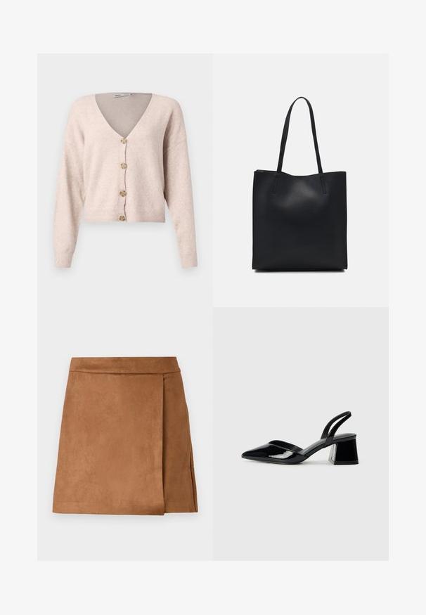 Gaiši rozā kardigans ar V-veida kakla izgriezumu, piecām pogām un ribotām piedurknēm. Mīksta tekstūra un apgriezta dizaina, kas nodrošina brīvu piegulšanu.; Brūns zamša mini svārki ar apjozošo dizainu, kuram ir gluda tekstūra un tīrs apmales izskats. Nav redzamu metāla detaļu vai akcentu.; Melna lakota āda ar atvērto papēdi, ar smailu purngalu un ģeometrisku blokpapēdi. Iezīmējas elegants, minimāls dizains un gluda tekstūra.; Melnas ādas somiņa ar gludu tekstūru, taisnstūra formu un divām garām rokturiem. Nav redzamu aparatūras vai rotājumu.