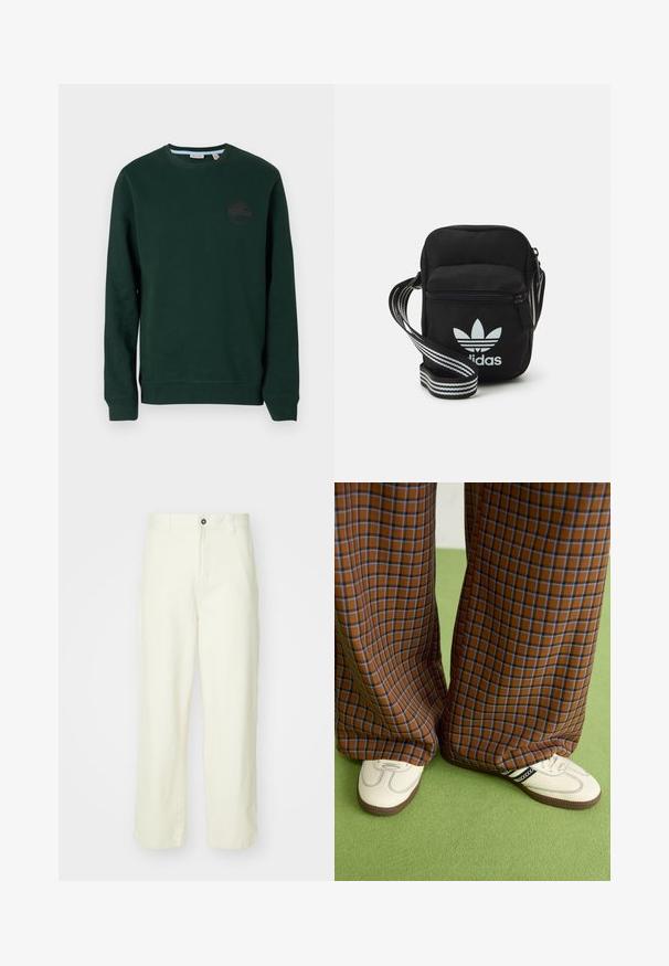 Ciemnozielona bluza z bawełny, z okrągłym dekoltem, długimi rękawami, ściągaczami przy mankietach i subtelnym logo na piersi.; Jasnożółte bawełniane spodnie o prostym kroju nogawki, z zapięciem na guzik z przodu, szlufkami na pasek i minimalistycznym, czystym wzornictwem.; Brązowo-niebieskie spódnice w kratę o szerokich nogawkach zestawione z białymi butami z czarnymi akcentami i teksturowaną podeszwą, na tle zielonego tła.; Czarna torba crossbody wykonana z materiału, z zamknięciem na zamek błyskawiczny, z białym logo Adidas oraz regulowanym paskiem w paski, co ułatwia noszenie.
