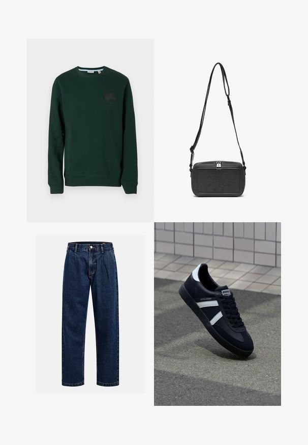 Dark green sweatshirt made of cotton blend, featuring a round neck, long sleeves, ribbed cuffs, and a subtle logo on the chest.; Dark blue denim jeans with a straight-leg design. Features visible stitching, a button closure, and front pleats for added detail.; Black leather sneaker with white stripes, textured rubber sole, and lace-up front. Features a branded label on the tongue.; Black leather crossbody bag with a zip closure, embossed logo on the front, and adjustable strap. Smooth texture with a rectangular shape.