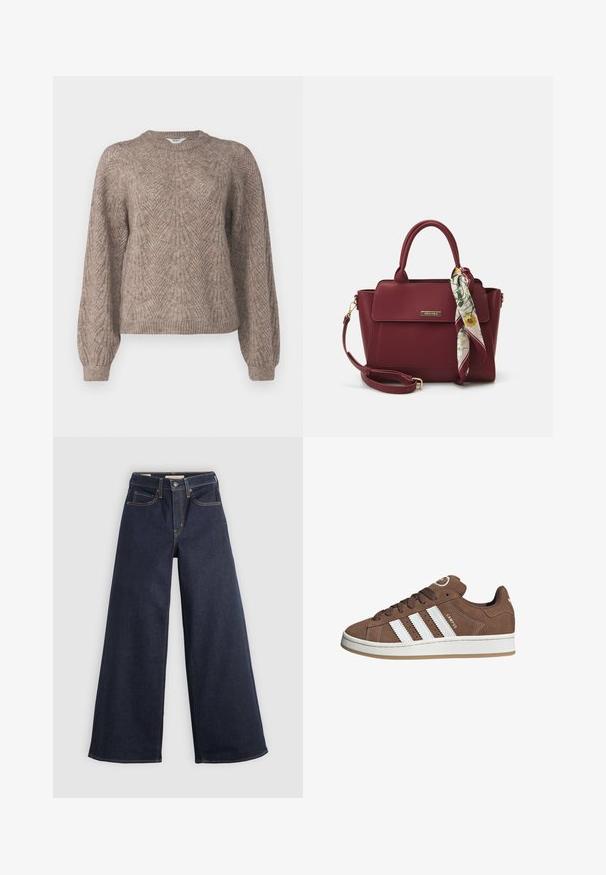 Lange mouwen, lichtgewicht sweater in een beige-bruin tint. Beschikt over een gestructureerd patroon met een ronde halslijn en geribbelde mouwen en zoom.; Witte langarm button-up shirt met een puntige kraag en plooikomende manchetten, weergegeven op een effen witte achtergrond.; Wijde denim jeans in donkerblauw met contrasterende stiksels. Bevat een traditionele vijf-pocketontwerp en een knoopsluiting in de taille.; Bruine suède sneaker met witte leren strepen, rubberen zool, ronde neus en vetersluiting. Kenmerkt zich door een logo op de tong en geperforeerde accenten.; Bordeaux handtas van synthetisch materiaal met een gestructureerd ontwerp, voorzien van een afneembare schouderband en een met bloemenpatroon versierde sjaal die aan het handvat is geknoopt.