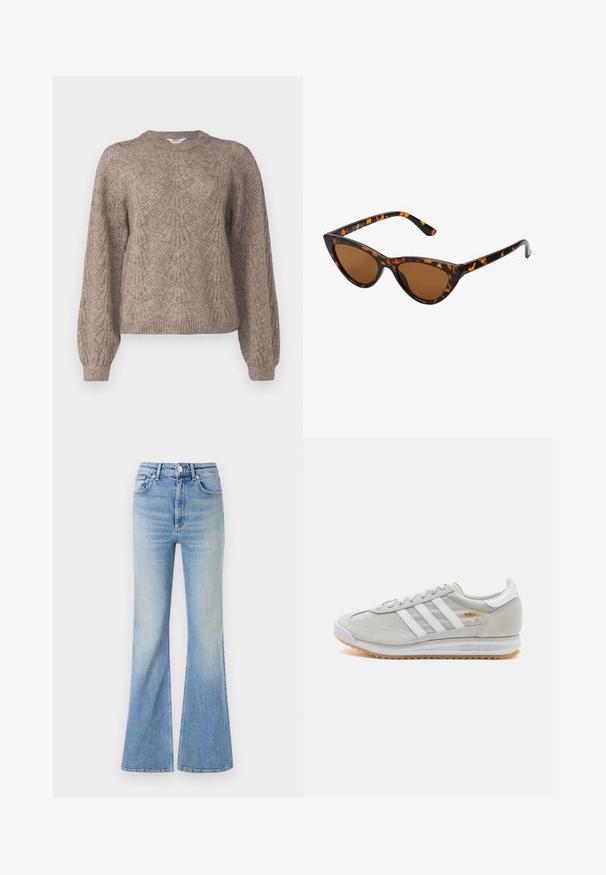 Langärmliger, leichter Pullover in einem beige-braunen Farbton. Verfügt über ein strukturiertes Muster mit einem runden Ausschnitt sowie gerippten Bündchen und Saum.; Helle blaue Schlagjeans aus Denim mit hoher Taille, fünf Taschen und subtilem Farbverlauf bis zum Saum.; Hellgraue Sneaker aus Wildleder und Mesh, mit drei weißen Streifen, runder Zehenpartie und einer Sohle aus Gummi. Goldenes Logo-Detail nahe der Schnürsenkel.;  Katzenaugen-Sonnenbrille mit einem schwarz-orangenen Schildpattrahmen, braunen Gläsern und schlanken, spitzen Enden. Verfügt über ein minimalistisches Logo am Bügel.