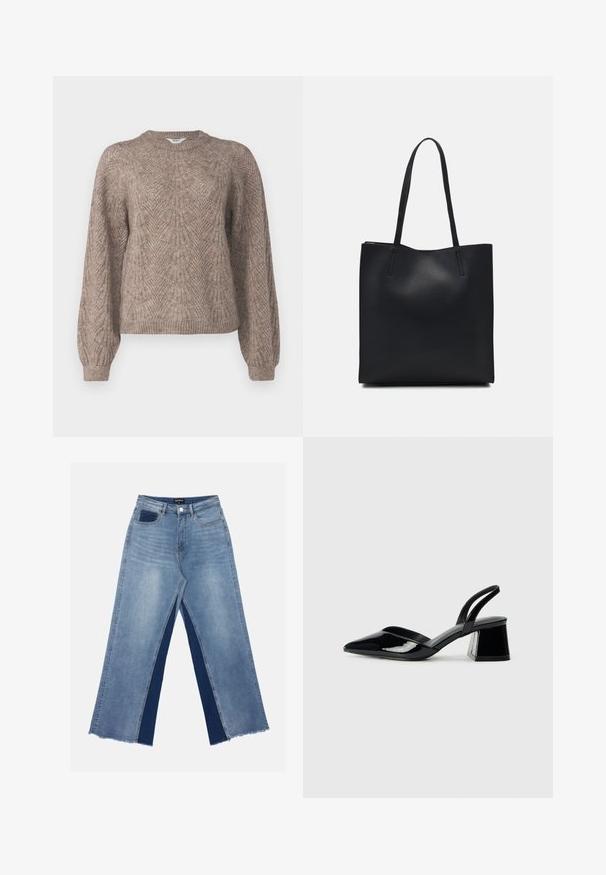 Suéter ligero de manga larga en un tono marrón beige. Presenta un patrón texturizado con un cuello redondo y puños y dobladillo acanalados.; Jeans de pierna ancha en azul claro con paneles de un azul oscuro en contraste, dobladillos deshilachados y una cintura estándar con cierre de botón metálico.; Zapatos de tacón slingback de charol negro con punta afilada y tacón geométrico en bloque. Presentan un diseño elegante y minimalista, así como una textura suave.; Bolso tote de cuero negro con textura lisa, forma rectangular y dos asas largas. Sin herrajes ni adornos visibles.