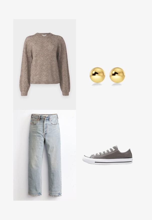 Pulover z dolgimi rokavi, lahkega materiala v bež-rjavi barvi. Ima teksturiran vzorec, okroglo ovratnico ter rebraste manšete in rob.; Svetloljubčastozeleni šivani traper hlače s ravnim krojem, s razorenim rubom, bakrenim zakovicama i klasičnim pet džepnim stilom.; Sive platnene superge z belo gumijasto podplatom, črnim trakom in kovinskimi očesi. Imajo okroglo konico, nizko zasnovo in teksturirano tkanino.; Zlate okrogle uhane z sijočo, odsevno površino. Oblika je preprosta in gladka, kar ustvarja sodoben, minimalističen videz.