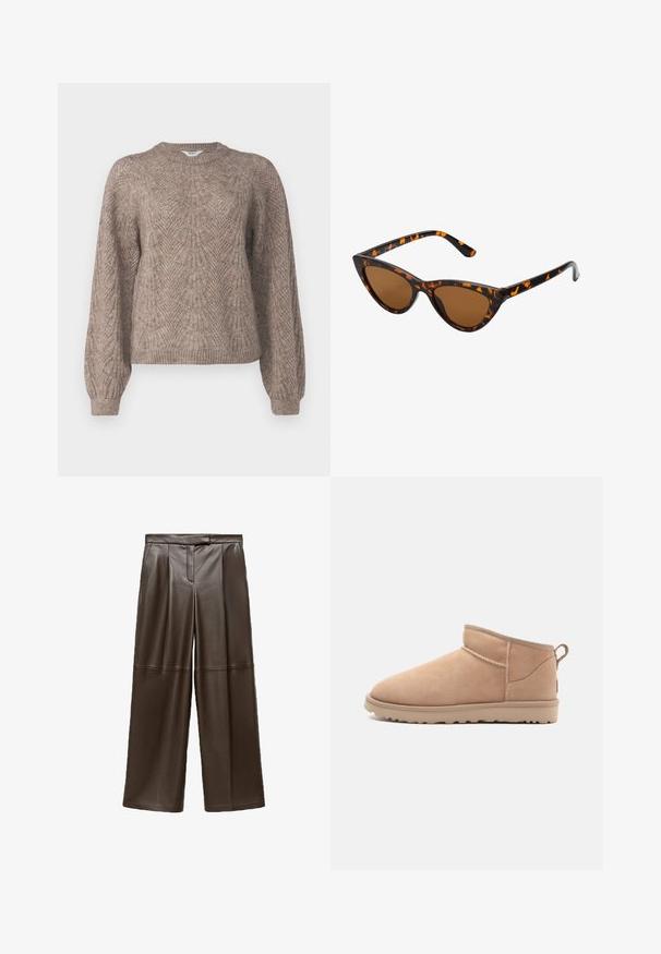 Pull léger à manches longues dans une teinte beige-brun. Présente un motif texturé avec un col rond et des bords ribbés.; Pantalon large en cuir marron avec une texture lisse, présentant des plis sur le devant et un design de taille classique.; Botte de cheville en daim beige avec un bout arrondi, une texture douce, un design simple et une semelle en caoutchouc à profil bas. Dispose d'une languette à l'arrière.; Lunettes de soleil style œil de chat avec une monture en écaille de tortue noire et orange, verres marron et pointes effilées et élégantes. Présente un logo minimaliste sur la branche.; Sac bandoulière en daim marron avec une finition texturée, un accent en chaîne dorée et une bandoulière en cuir ajustable. Doté d'une fermeture éclair.