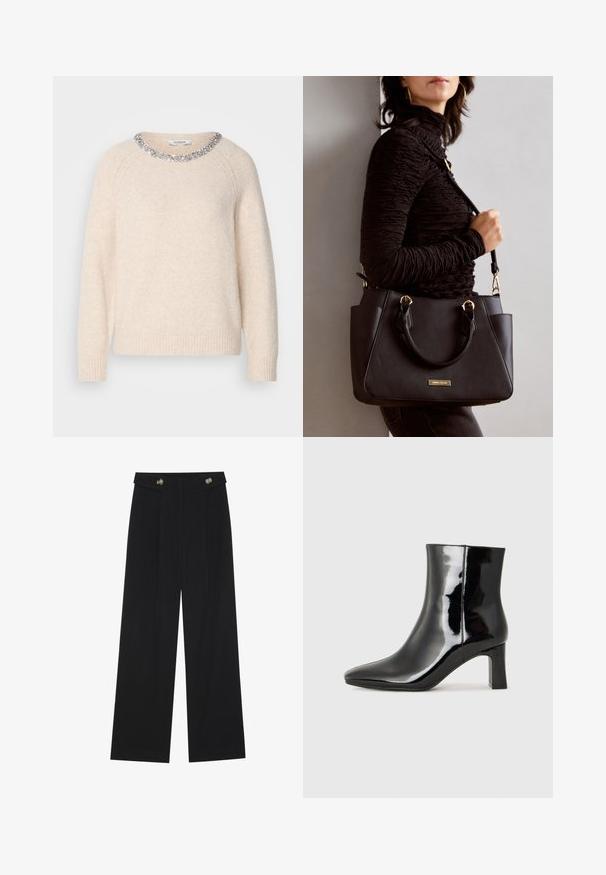 Lys beige genser med rund hals, utsmykket med en krage av sølvperler, ribbestrikkede mansjetter og hem, laget av myk, teksturert stoff.; Svart vide bukser med høy midje, knappdetaljer på midjebåndet og frontplisser.; Sorte patentlær ankle boot med spiss tå og en mellomhøy blokkhelt. Glatt tekstur og minimalistisk design.; Svart håndveske med teksturert overflate, doble topphåndtak og justerbar skulderrem. Har detaljer i gulltone og sidelommer.