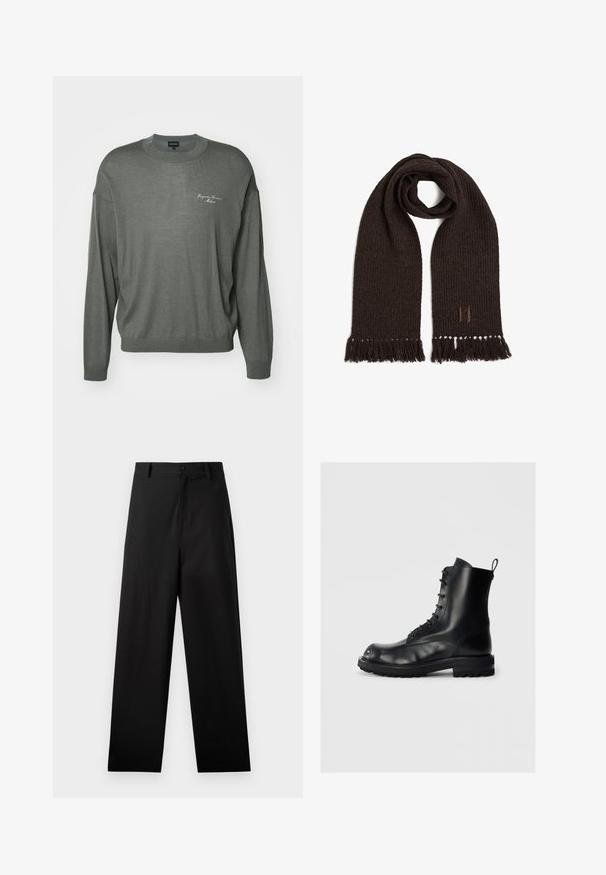 Emporio Armani Neule - mulled basil/fog; Mustat puuvillapantsit suoralla lahkeella, joissa on etupuolen nappikiinnitys ja sivutaskut. Kuitenkin sileä pinta, ilman kuvioita.; Musta nahkasaapas nauhalla, paksulla pohjalla ja vetoloopilla, vaalealla taustalla, sivuprofiili vasemmasta saappaasta.; Ruskea kudottu huivi, jossa on fringed-päät, hienovarainen rakenne ja pieni brodeerattu logo alakulmassa.