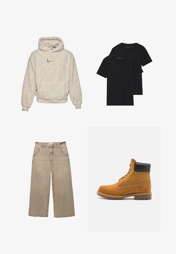 Krémový fleecový pulóver s kapucňou, so prednou kapsou, priliehavými manžetami a jemným logom na hrudi. Mäkký, textúrovaný povrch.; Dvoje čiernych bavlnených tričiek s krátkymi rukávmi, okrúhlym výstrihom a hladkou textúrou, vystavených naskladaných spolu.; PULL&BEAR MEGA BAGGY - Džínsy baggy - light grey; Tyrkysové semišové členkové topánky s čiernym polstrovaným golierom, zlatými kovovými očkami, bielym prešívaním a robustnou gumovou podrážkou s výraznými drážkami.