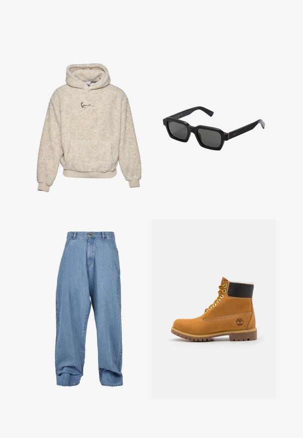 Bluza polarowa w kolorze kremowym, z kapturem, kieszenią z przodu, dopasowanymi mankietami oraz subtelnym logo na klatce piersiowej. Miękka, teksturowana powierzchnia.; Biała koszulka polo wykonana z bawełny. Posiada klasyczny kołnierzyk, zapięcie na trzy guziki i krótkie rękawy. Subtelne logo haftowane na piersi.; Jasnoniebieskie dżinsowe spodnie o luźnym kroju, z zapięciem na guziki, przednimi kieszeniami i mankietami, charakteryzujące się klasycznym pięciokieszeniowym stylem.; Brązowy skórzany but za kostkę z metalowymi oczkami, białym futerkiem w środku, czarnym wyściółką, solidną podeszwą i wytłoczonym logo po boku.; Czarne, kwadratowe okulary przeciwsłoneczne z szarymi soczewkami. Grube plastikowe oprawki mają złote akcenty i logo na skroni. Gładka tekstura.