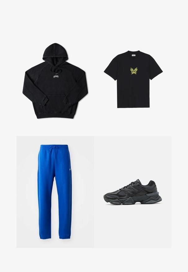 Fekete kapucnis pulóver, puha anyagból készült, kenguru zsebbel, húzózsinórral ellátott kapucnival és ezüst színű logóval a mellkason. Bordás mandzsetták és alj.; Fekete pamut póló, kicsi, sárga lángmintázatú pillangó grafikával a mellkason. Kerek nyakkivágás, rövid ujjak.; Kék sportnadrág puha anyagból, rugalmas derékkal és zsinórral, tapered lábakkal és egy kis logóval az oldalon.; Fekete futócipő, mely háló és szintetikus anyagok keverékéből készült, vastag talppal, ívelt kialakítással és hangsúlyos logóval az oldalon.