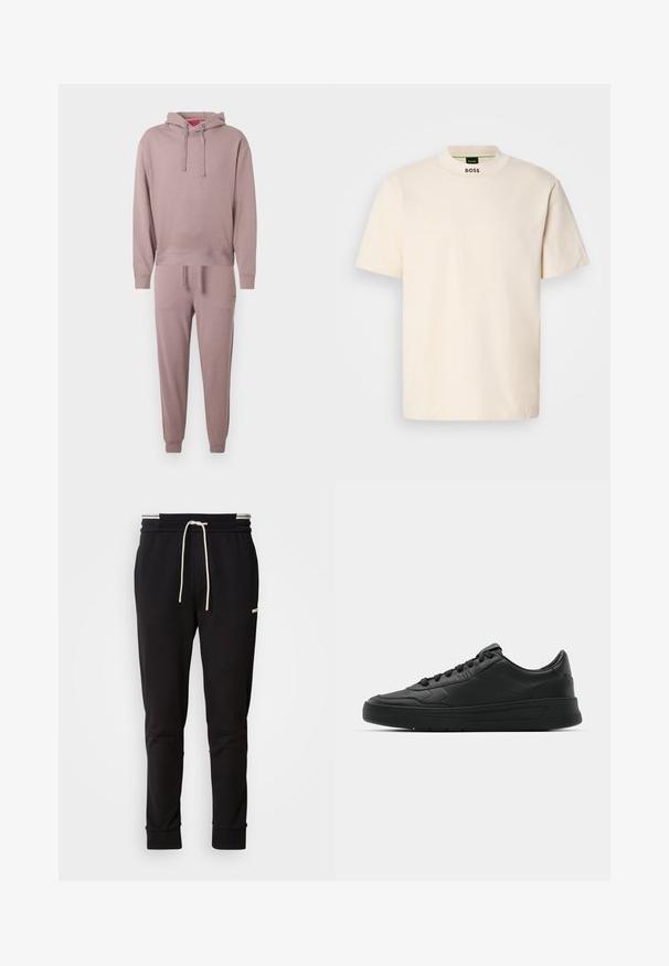 Hooded sweatshirt and jogger set in soft mauve fabric. Features ribbed cuffs, relaxed fit, and a front kangaroo pocket on the sweatshirt.; Cream-colored short-sleeve T-shirt with a high collar, featuring "BOSS" printed in black on the front neck and inside label.; Black slim-fit jogger pants with white drawstring, ribbed cuffs, and subtle logo on the upper thigh against a plain background.; Black sneaker with smooth leather upper, round toe, flat laces, cushioned collar, and minimalistic design. Rubber sole with subtle tread pattern.