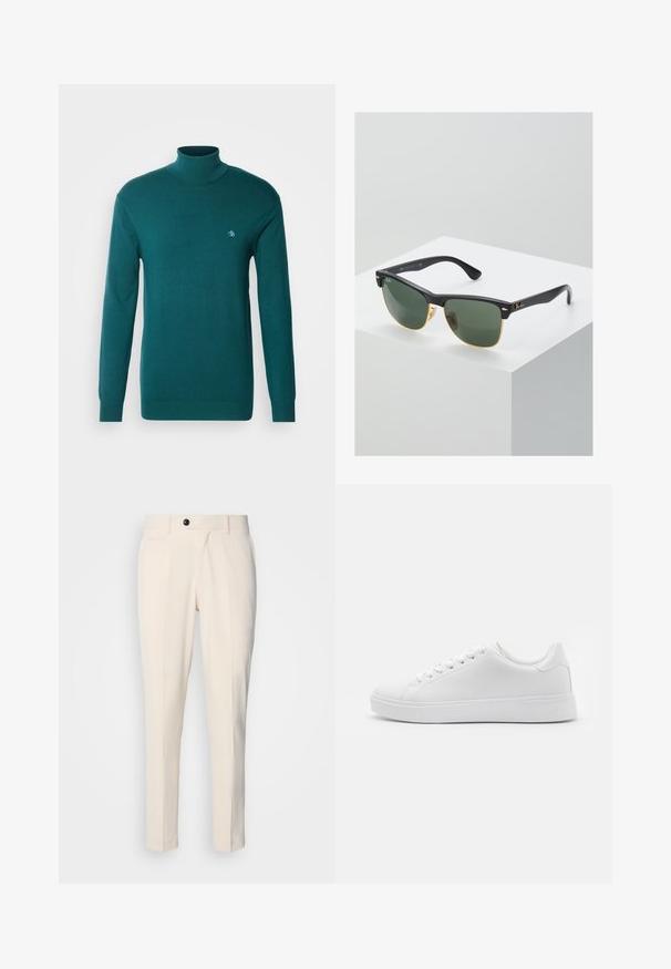 Pullover a collo alto di color teal realizzato in un tessuto a maglia liscio. Presenta maniche lunghe e un logo ricamato in modo discreto sul petto.; Pantaloni beige su misura con fronte piatto, chiusura a un bottone e due tasche laterali oblique. Tessuto liscio con vestibilità slim e gamba affusolata.; Sneaker bianchi con tomaia in sintetico liscio, punta tonda, sei occhielli per i lacci e suola in gomma a profilo basso con dettagli testurizzati.; Occhiali da sole Ray-Ban con lenti verdi, montatura in plastica nera e dettagli dorati ai bordi. Forma quadrata con finitura opaca.