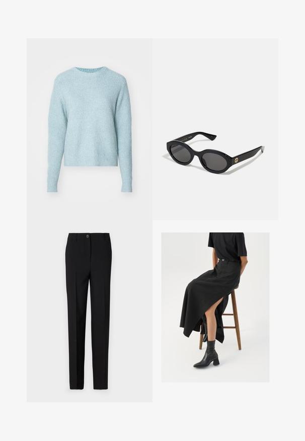 Helles blaugraues Rippstrickpullover mit langen Ärmeln und Rundhalsausschnitt, der eine weiche Textur und eine lockere Passform bietet.; Schwarze, maßgeschneiderte Hose mit geradem Bein, ausgestattet mit einem Knopfverschluss und Gürtelschlaufen, aus glattem Stoff gefertigt.; Schwarzer Leinen-Maxi-Rock mit hohem Schlitz, getragen mit einem schwarzen T-Shirt und schwarzen Knöchelstiefeln. Minimalistisches Design mit lockerer Passform.; Schwarze ovale Sonnenbrille mit dunklen Gläsern und glänzendem Kunststoffrahmen. Mit goldenem Logo am Bügel, das ein elegantes und modernes Design bietet.