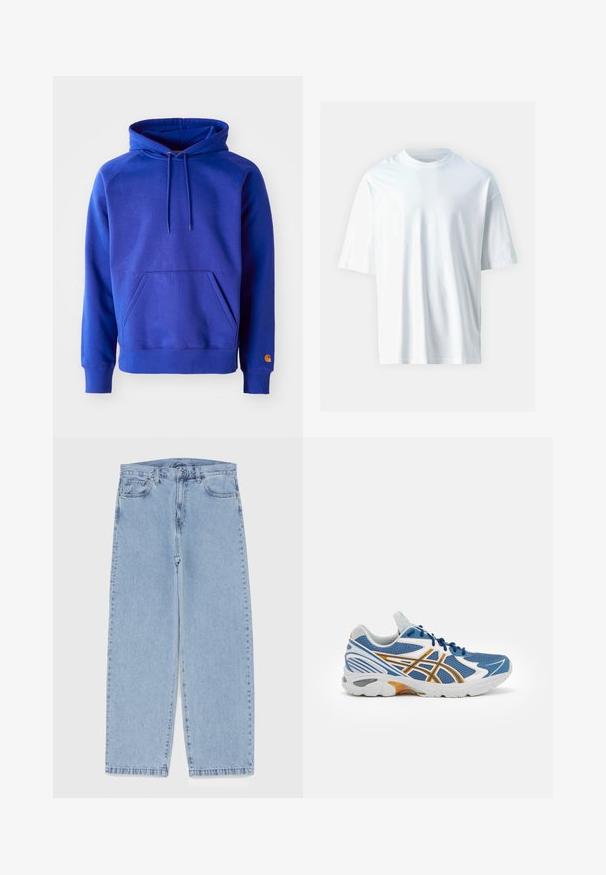 Modrá bavlnená mikina s kapucňou, priestrannou prednou kapsou, nastaviteľnou šnúrkou na kapucni a manžetami z rebrového úpletu. Na dolnom rukáve sa nachádza oranžové logo.; Biela krátka rukávová tričko vyrobené z mäkkej bavlny. Obsahuje okrúhly výstrih, voľný strih a hladkú textúru. Bez viditeľných vzorov alebo akcentov.; Svetlomodré denimové džínsy s rovnými nohavicami, s polovysokým pásom, piatimi vreckami a zapínaním na gombík a zips.; Modrá športová obuv s sieťovaným zvrškom, bielymi a oranžovými akcentmi, polstrovanou medzipodošvou a štruktúrovanou gumovou podrážkou. S možnosťou šnurovania.