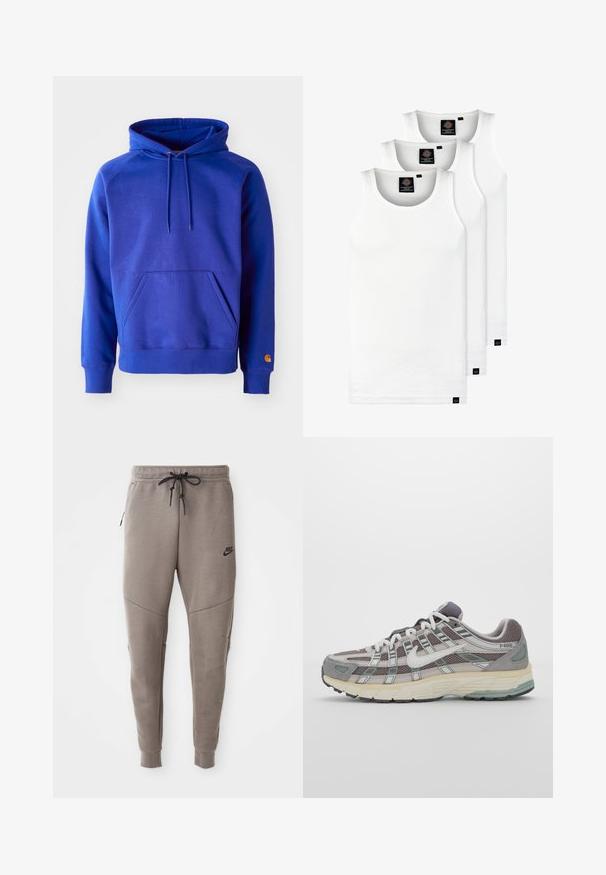 Blaues Baumwollhoodie mit einer geräumigen Fronttasche, verstellbarem Kordelzug an der Kapuze und gerippten Bündchen. Verfügt über ein oranges Logo auf dem unteren Ärmel.; Drei weiße, gerippte Tanktops aus Baumwolle. Merkmale einen Rundhalsausschnitt und kleine schwarze Etiketten am Saum. In mehreren Größen erhältlich.; Graue Nike-Sweatpants mit einem Kordelzugbund, schmal zulaufenden Beinen, seitlichen Taschen und auffälliger Nahtgestaltung. Weicher, strukturiert Stoff.; Grauer Sportschuh mit einem Obermaterial aus Mesh und Wildleder, weißen Akzenten, einer gepolsterten Sohle und einem charakteristischen Design mit reflektierenden Elementen.