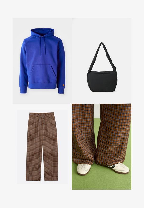 Blå bomullshoodie med en romslig frontlomme, justerbar snøring i hetten og ribbede mansjetter. Har en oransje logo på den nedre ermen.; Brune rutete bukser med elastisk linning og snor. Mønsteret har blå og mørkebrune ruter, lett materiale, vid benedesign.; Brune og blå rutete vide bukser sammen med hvite sko med svarte detaljer og teksturerte såler, satt mot en grønn bakgrunn.; Svart skulderveske med polstret tekstur, rund form og bred stropp, med et preget logo på forsiden.