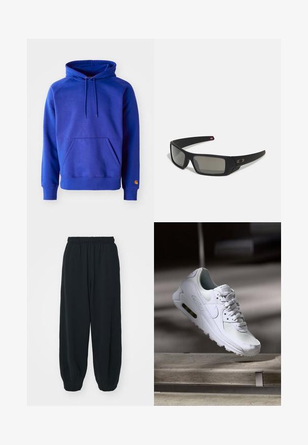 Plava pamučna dukserica s prostranim prednjim džepom, podesivim kapuljačom sa šnalanjem i rebrastim manžetama. Ima narandžasti logo na donjem dijelu rukava.; Crne, dukserice s elastičnim strukom, širokog kroja, s manžetama na gležnjevima, glatke teksture i bez vidljivih uzoraka ili metalnih detalja.; Bijela Nike Air Max 90 tenisica s gornjim dijelom od mrežice i kože, perforiranim prstima i vidljivom zračnom jedinicom u peti.; Crne sunčane naočale s mat površinom, pravokutnim staklima, blagim zakrivljenjima na sljepoočnicama, suptilnim logotipom i dimnim staklima.