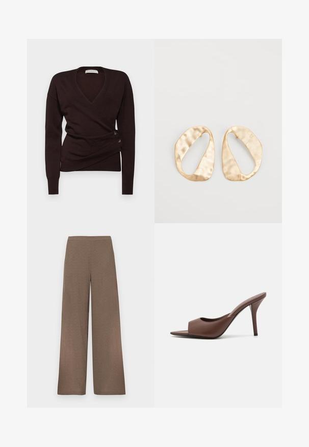 Dark brown wrap sweater made of soft fabric, featuring a deep V-neck, long sleeves, and decorative buttons on the side for closure.; Wide-leg brown trousers with flat waistband, no visible pockets or fastenings, displayed on a white background.; Brown leather open-toe high-heeled mules with a sleek design, featuring a wide front strap and a slender stiletto heel.; Pair of irregular oval-shaped gold-toned metal earrings with a textured, slightly hammered surface on a white background.